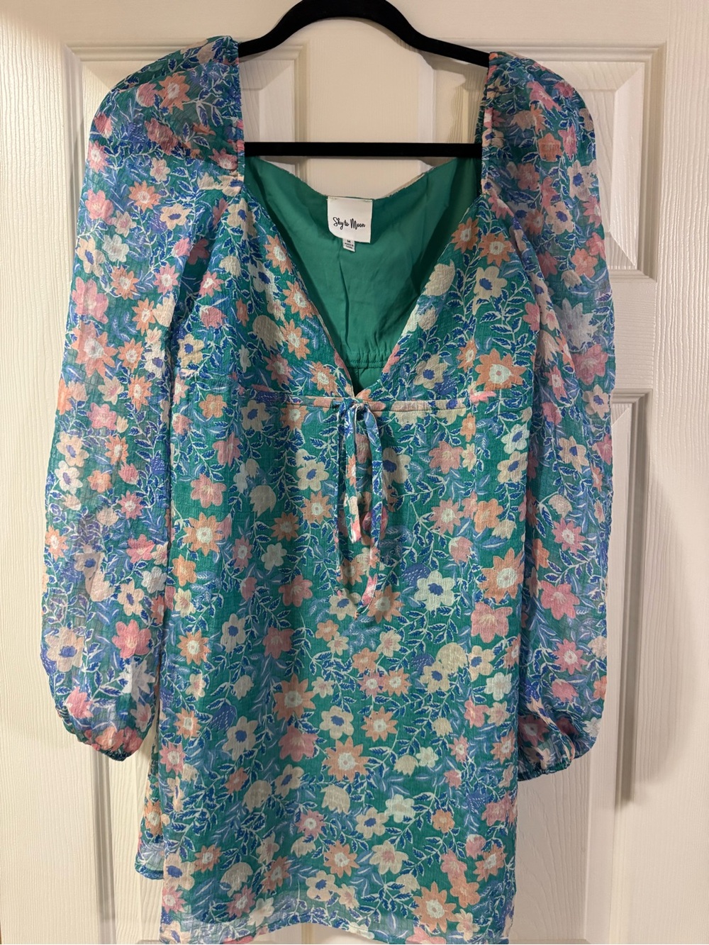 Sky to moon Teal Floral Mini Dress with Tie Front